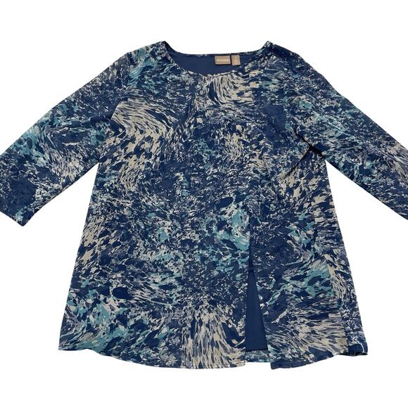 Chicos Blouse Size 1 Blue Printed Top Lined - Picture 1 of 8